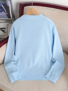 SHEIN Tween 女童宽松休闲简约舒适圆领套头蝴蝶结图案长袖毛衣 - 淺藍色 - 查看 2