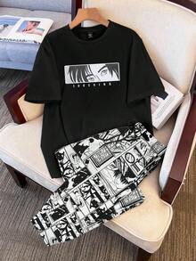 Manfinity Joysei Men's Minimalist Cartoon Print T-Shirt Set, Suitable For Casual, Sports