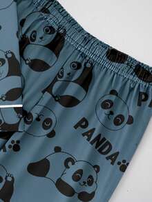 青少年男孩舒适熊猫印花纽扣前开上衣和裤子睡衣套装，秋季 - 霧霾藍 - 查看 4