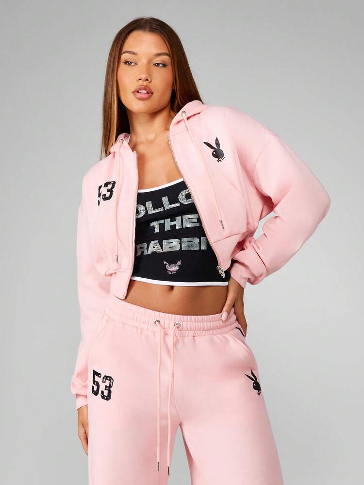 Missguided x Playboy Lace Applique Oversized Cropped Full Zip Through Hooded Sweatshirt Wide Leg Loungewear Winter Fall Casual Classic Fashion Statement
