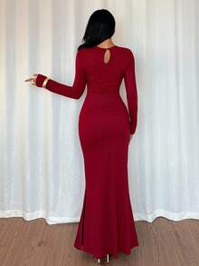 Chiquease Women's Knit Long Sleeve Ruched Asymmetric Hem T-Shirt And Fish Tail Midi Skirt Elegant Set - Red - View 2