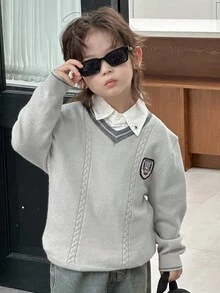 DAZY Young Boy V-Neck Long Sleeve Collegiate Sweater, Autumn/Winter - Grey - View 5