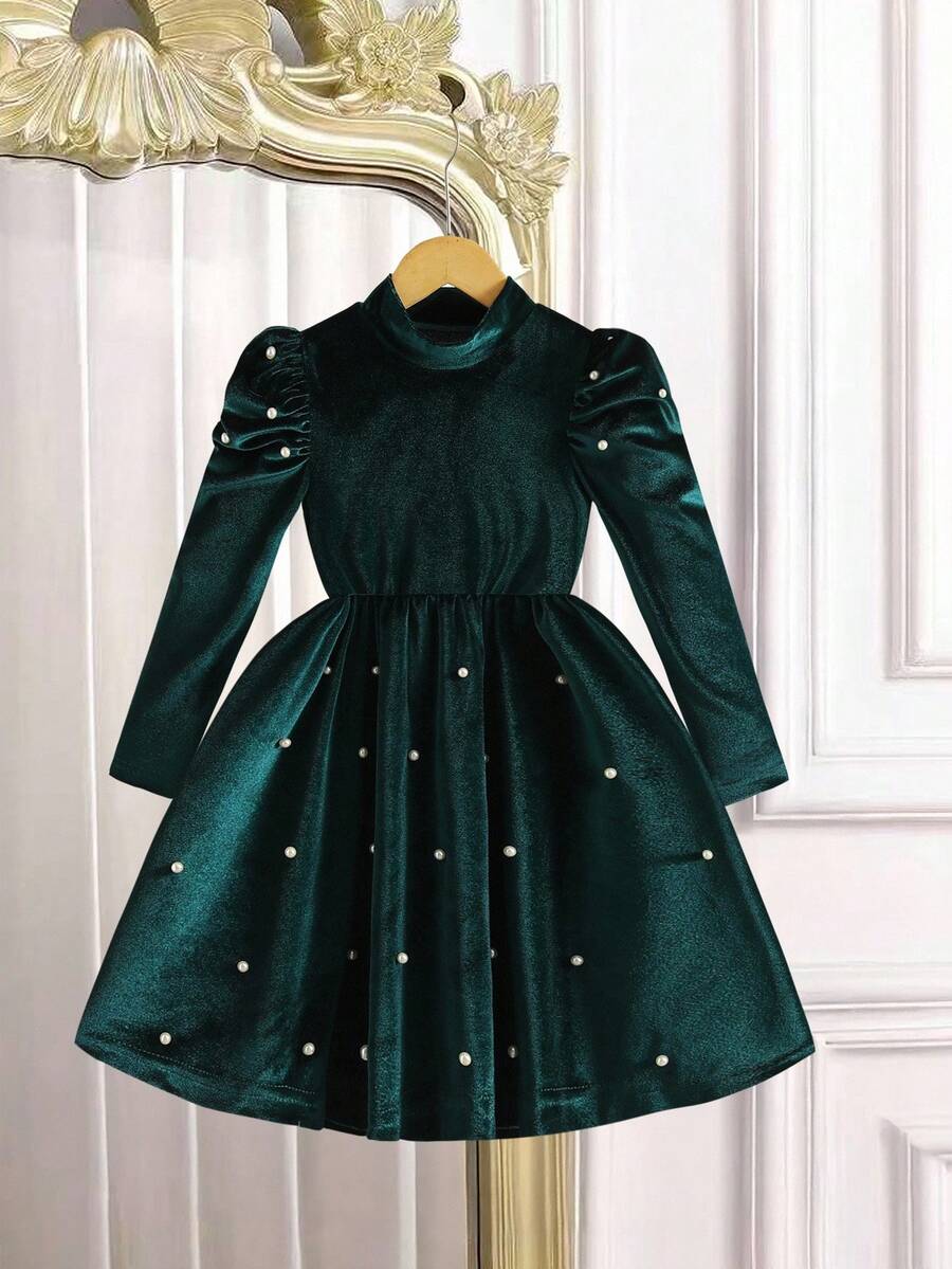 SHEIN Explorewe Kleine Mädchen elegantes & bequemes Prinzessinnen-Stil Kleid mit Perlen und Ballonärmeln, rundem Ausschnitt, geeignet für Dates und Partys - Grün - Übersicht 1