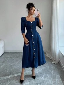 Selianne 秋季通勤时尚前扣牛仔连衣裙 - 深色水洗藍 - 查看 5