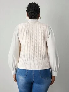 SHEIN Tall CURVE Plus Size Women's Casual V-Neck Knitted Vest With Knight Pattern, Autumn/Winter - Apricot - View 8