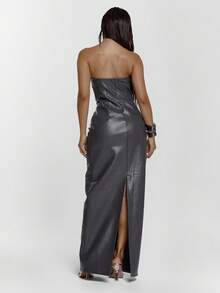 MUSERA Đầm maxi giả da không dây, xẻ lưng, gợi cảm, thích hợp đi chơi đêm, phong cách đường phố dễ thương, đầm dài thanh lịch dự tiệc, tốt nghiệp, dạ hội. - màu đen - Xem 2