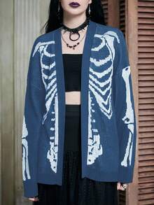 ROMWE PUNK Fashionable Skull Pattern Drop Shoulder Cardigan, Autumn/Winter - Navy Blue - View 5