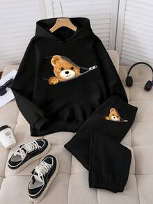 Sparklyn 2pcs/Set Teen Girl Hoodie Sweatshirt & Sweatpants Outfit, Zipper Closure, Cute Bear Cartoon Print, Casual Basic Suitable For Home, Street, Daily Wear, Outing, Autumn/Winter Cute Clothing Y2k Clothes Boys Set Clothes Set Teen Teen Boy 2 Piece Set Teen Hoodie Set - Multicolor - View 1