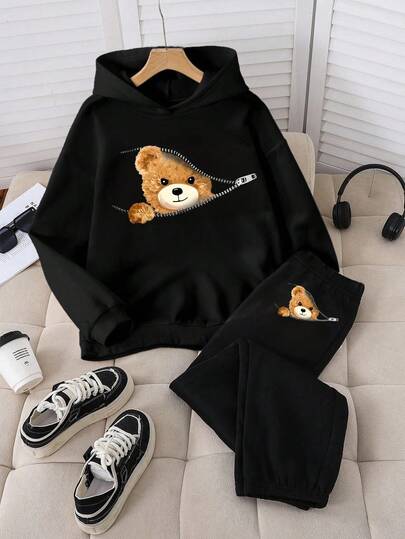 2pcs/Set Teen Girl Hoodie Sweatshirt & Sweatpants Outfit, Zipper Closure, Cute Bear Cartoon Print, Casual Basic Suitable For Home, Street, Daily Wear, Outing, Autumn/Winter Cute Clothing Y2k Clothes Boys Set Clothes Set Teen Teen Boy 2 Piece Set Teen Hoodie Set