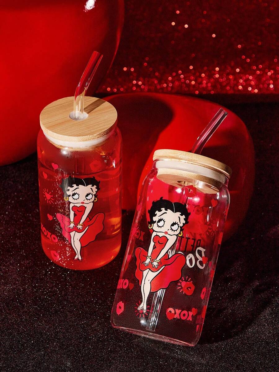 Betty Boop x SHEIN 心形唇印吸管杯（含吸管清洁刷），适用于冷热饮品，如咖啡、牛奶、果汁等。礼品之选，适合派对、节日、情人节等场合。