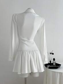 Elamini 1 件女式白色褶皱 V 领纽扣休闲连衣裙、通勤连衣裙、返校连衣裙、衬衫裙，适合日常、休闲、学院风穿着