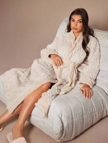 Lazeform Women's Casual Fleece Jacquard Belt Long Robe, Winter, Cozy Robes For Women - Apricot - View 8