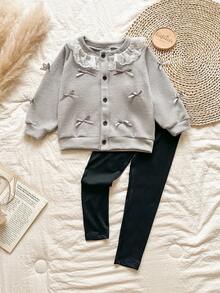 SHEIN Vintaside Kids 女童开衫配3D蝴蝶结针织毛衣外套+裤子套装，时尚可爱的春秋季针织装 - 彩色 - 查看 3