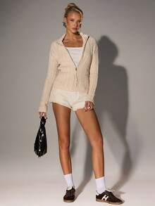 Avantive 学院风休闲舒适，居家出门穿杏色长袖扭纹拉链开衫针织外套女毛衣麻花针织衫拉链毛衣 - 杏色 - 查看 4