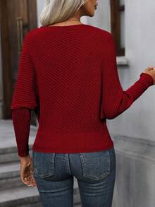 EMERY ROSE Elegant Ribbed Knit Pullover Sweater - Red - View 2