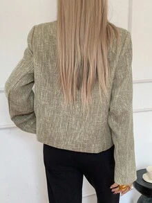 Livesso 女士休闲常规款夹克，复古硬币图案，秋季女式外套 - 卡其色 - 查看 2