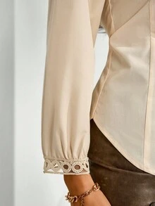 Chiquease Women's Elegant V-Neck Waist Cinched Back Tie Lantern Sleeve 3/4 Sleeve Blouse Formal Clothing - Apricot - View 7