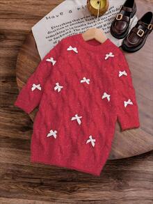SHEIN Playful Pals 全新时尚百搭可爱蝴蝶结纯色扭绳女童套头毛衣裙 - 紅色 - 查看 2
