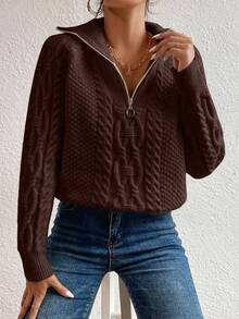 EMERY ROSE Women's Autumn/Winter Cable Pattern Zip-Up Crew Neck Casual Sweater - Chocolate Brown - View 3