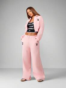 Missguided x Playboy 蕾丝贴花超大短款全拉链连帽运动衫阔腿家居服冬季秋季休闲经典时尚宣言 - 粉色 - 查看 3