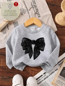 SHEIN Baby Girl Casual Chic Bowknot & Faux Sequins Print Round Neck Long Sleeve Fleece Sweatshirt, Suitable For Outings In Autumn/Winter