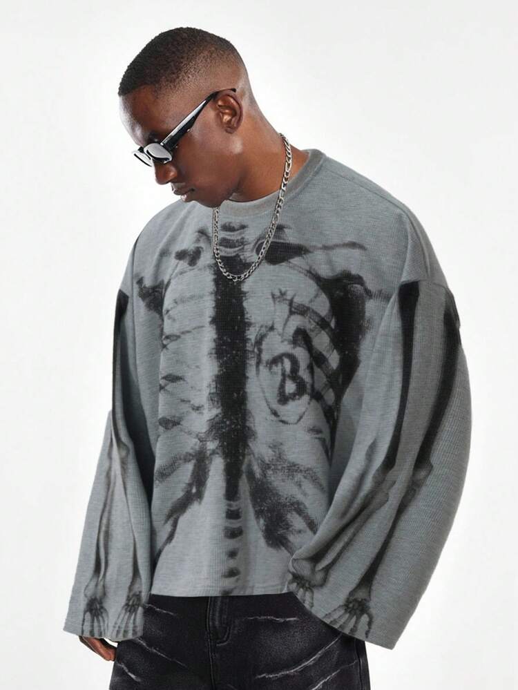 Halloween Skeleton X Ray Waffle Knit Long Sleeve Top
