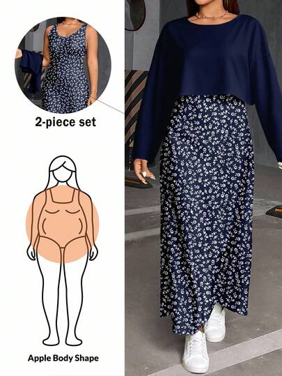 SHEIN Essnce 2pcs/Set Casual Floral Print Sleeveless Maxi Dress & Round Neck Long Sleeve Top, Plus Size, Suitable For Spring/Autumn