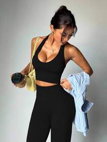 Dewbera Dewbera Women's Solid Color Cropped Halter Neck Tank Top And High Waist Leggings Sports Set - Black - View 2