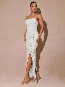 Silquee فستان ماكسي أنيق بأكمام مكشكشة خضراء فاتحة رومانسية مع شق عالي، فستان حفلة ضيق مطرز بالدانتيل للنساء، مناسب لعيد الحب، المواعدة، الزفاف، الحفلات الراقصة