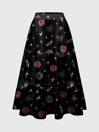 Goth Gotischer dunkler Palast luxuriöser Herz-Edelstein Kreuz Sonne Mond Stern Allover-Muster plissierter Rock, 3 Lagen