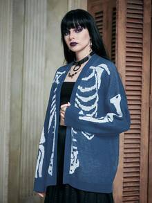 ROMWE PUNK Fashionable Skull Pattern Drop Shoulder Cardigan, Autumn/Winter - Navy Blue - View 4