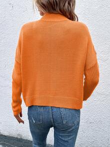 EMERY ROSE 女式纯色不对称下摆休闲立领落肩套头衫，秋冬 - 橘色 - 查看 2