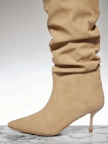 SHUZIA Women Winter Casual Chic Sexy High Heeled Zip-On Knee-High Boots For Christmas - Khaki - View 5