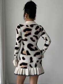 SHEIN PETITE Autumn/Winter Leopard Print Polo Collar Ruffle Hem Fitted Short Women Sweater Dress