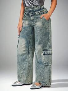 Radiana Jeans de mujer estilo cargo, rapero, lavados y con efecto desgastado - Neblina azul - Ver 4