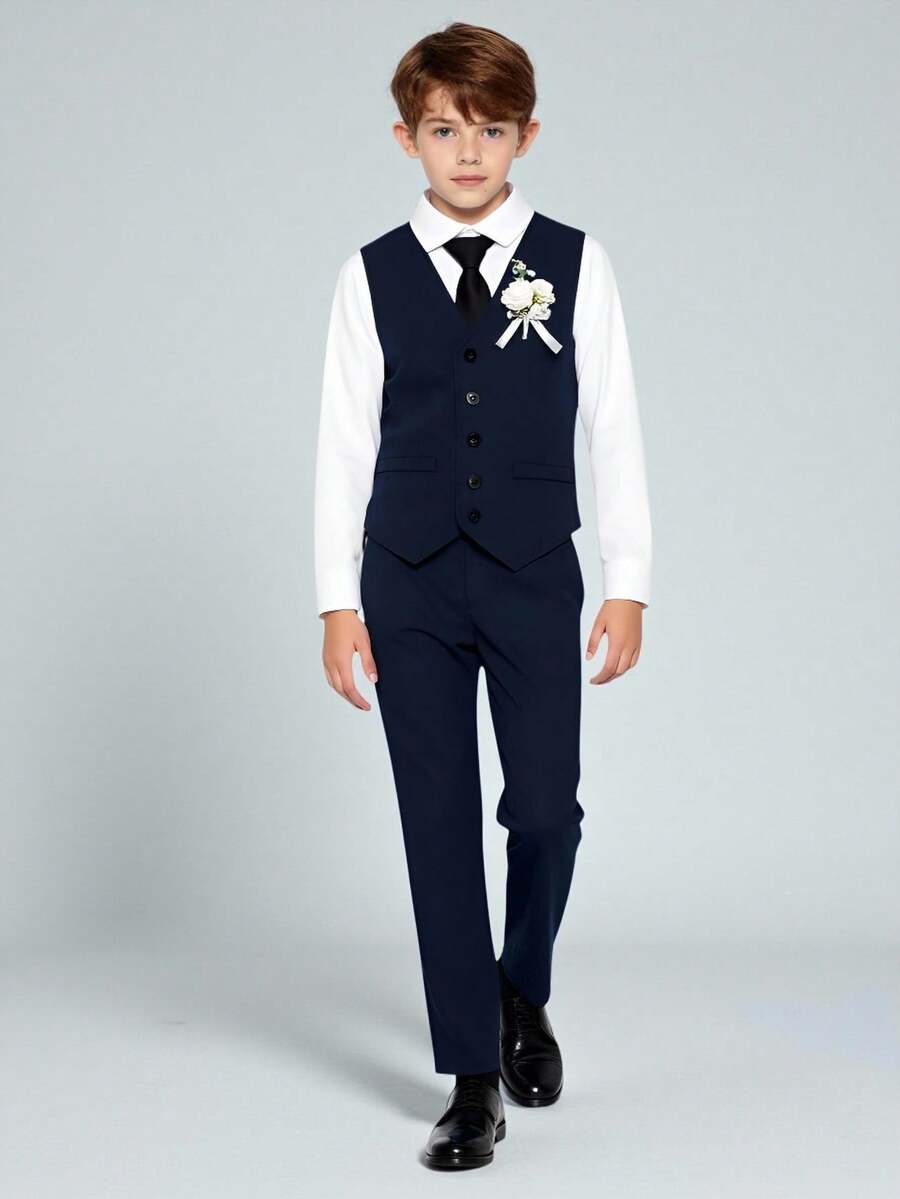 SHEIN 2 件套青少年男童春夏韩版修身正装西装,适合婚礼/派对/钢琴表演。宽松休闲不对称背心 + 直筒休闲裤,采用柔软亚麻面料制成,抗皱,时尚宽松廓形。 - 寶藍色 - 查看 1