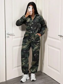 SHEIN Tall Women's Casual Versatile Drawstring Sexy Camouflage Denim Jumpsuit And Overalls - Multicolor - View 3