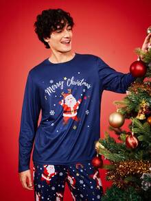 2 piezas Conjunto de pijama a juego con estampado gráfico divertido de Navidad para toda la familia, incluye top de manga larga y pantalones, ropa cómoda para el hogar para hombres, ropa de otoño e invierno