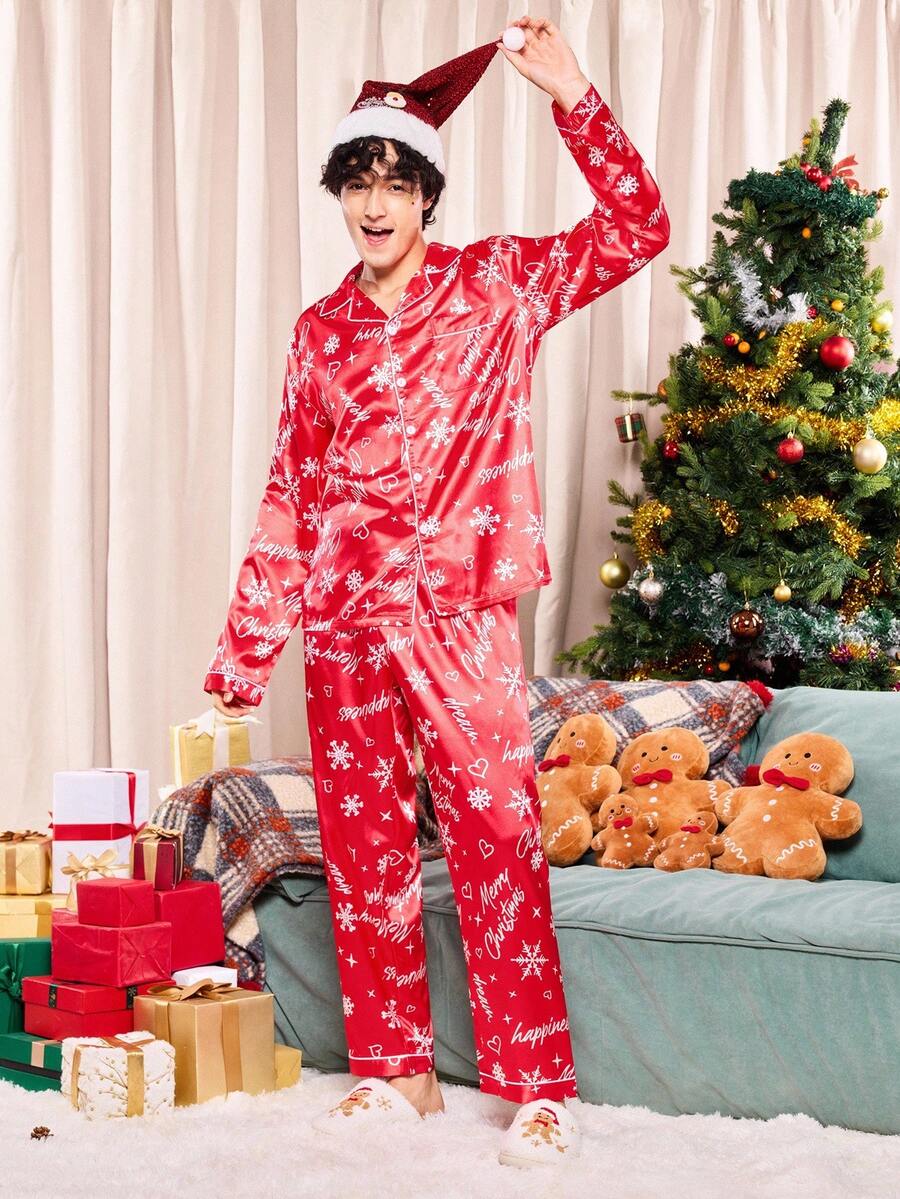 2 件圣诞主题印花卡通搞笑圣诞老人缎面舒适家居睡衣套装，礼盒内含拐杖糖、铃铛、雪花、雪人、家庭聚会、男士家居服、秋季服装 - 紅色 - 查看 1