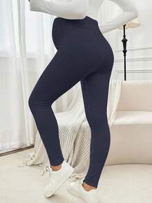 SHEIN 孕妇纯色高腰修身保暖打底裤 - 藍色 - 查看 7