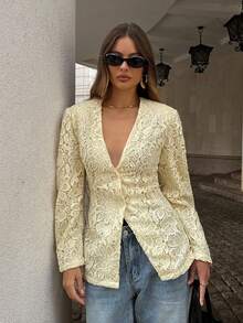 SHEIN BAE 女士时尚休闲纯色单排扣水溶蕾丝西装外套浅黄色西装外套时尚西装外套青春西装外套日常街头风蕾丝西装外套秋冬女装 - 淡黃色 - 查看 7
