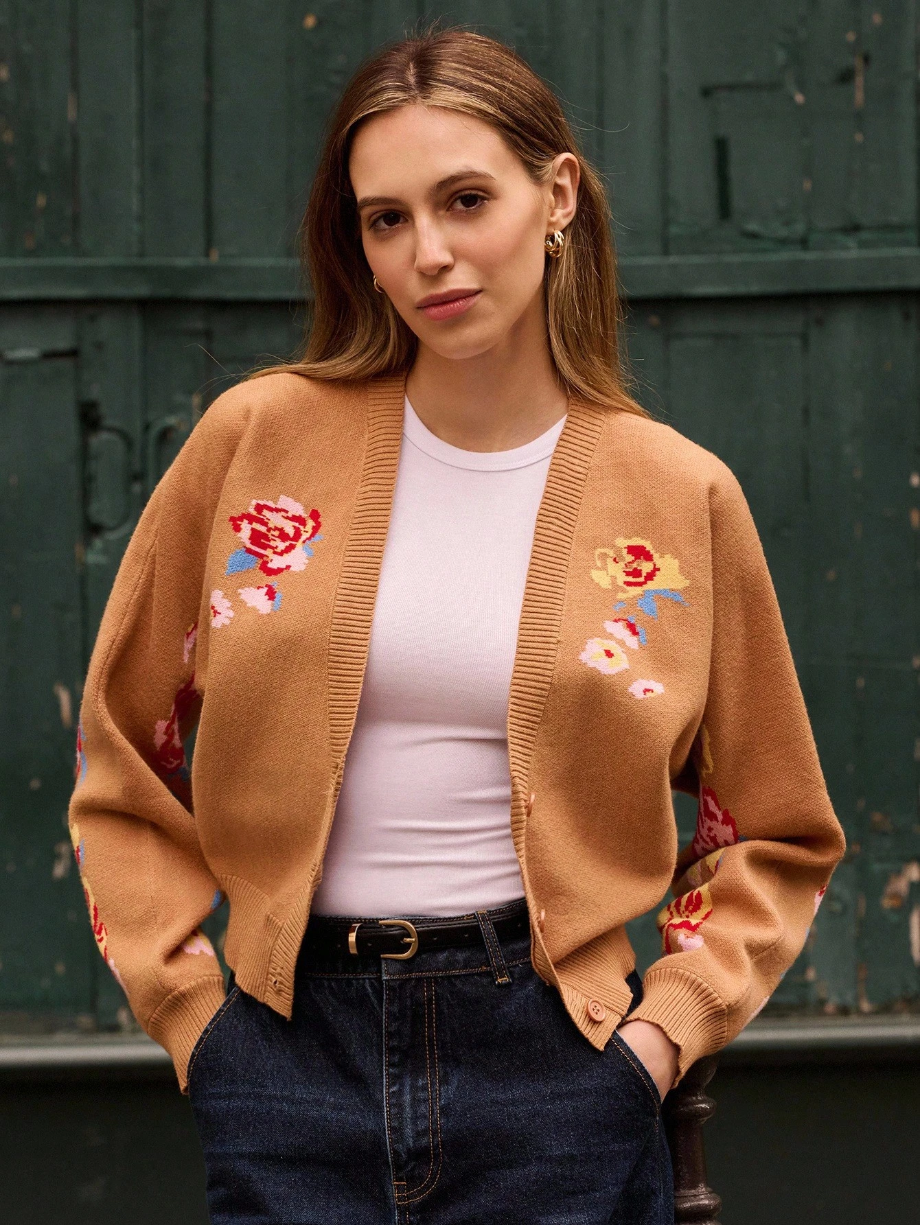 Cardigan de Tricô com Contraste e Jacquard Floral, Roupas Femininas de Outono