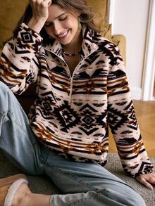 LanaWest Women's Retro Print Half-Zip Fleece Sweatshirt, Autumn/Winter - Multicolor - View 6