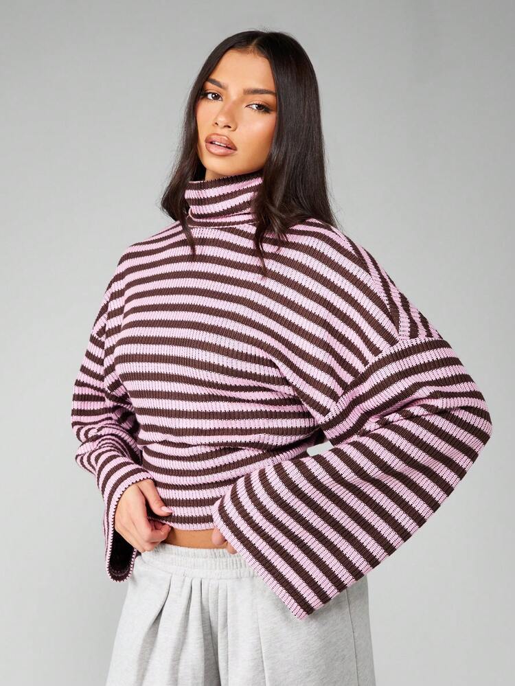 MISSGUIDED Striped Turtleneck Sweater Bell Sleeve Chunky Knit Winter Fall Cropped Ribbed Pullover Wide Sleeve Fashion Statement Holiday Party 2024 Collection