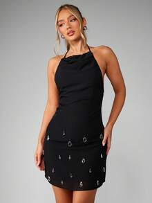 MISSGUIDED Elegant Mini Halter Dress With Crystal Embellishments Draped Neckline Backless Evening Party Night Out Holiday Club Occasion Semi Formal Wear - Black - View 1
