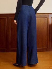 Vintamour Women's Fashionable High Waist Pleated Wide Leg Jeans Denim Trousers With Decorative Button,Dark Blue,Summer,Elegant,Brunch,Chic Versatile Pants - Dark Wash - View 2