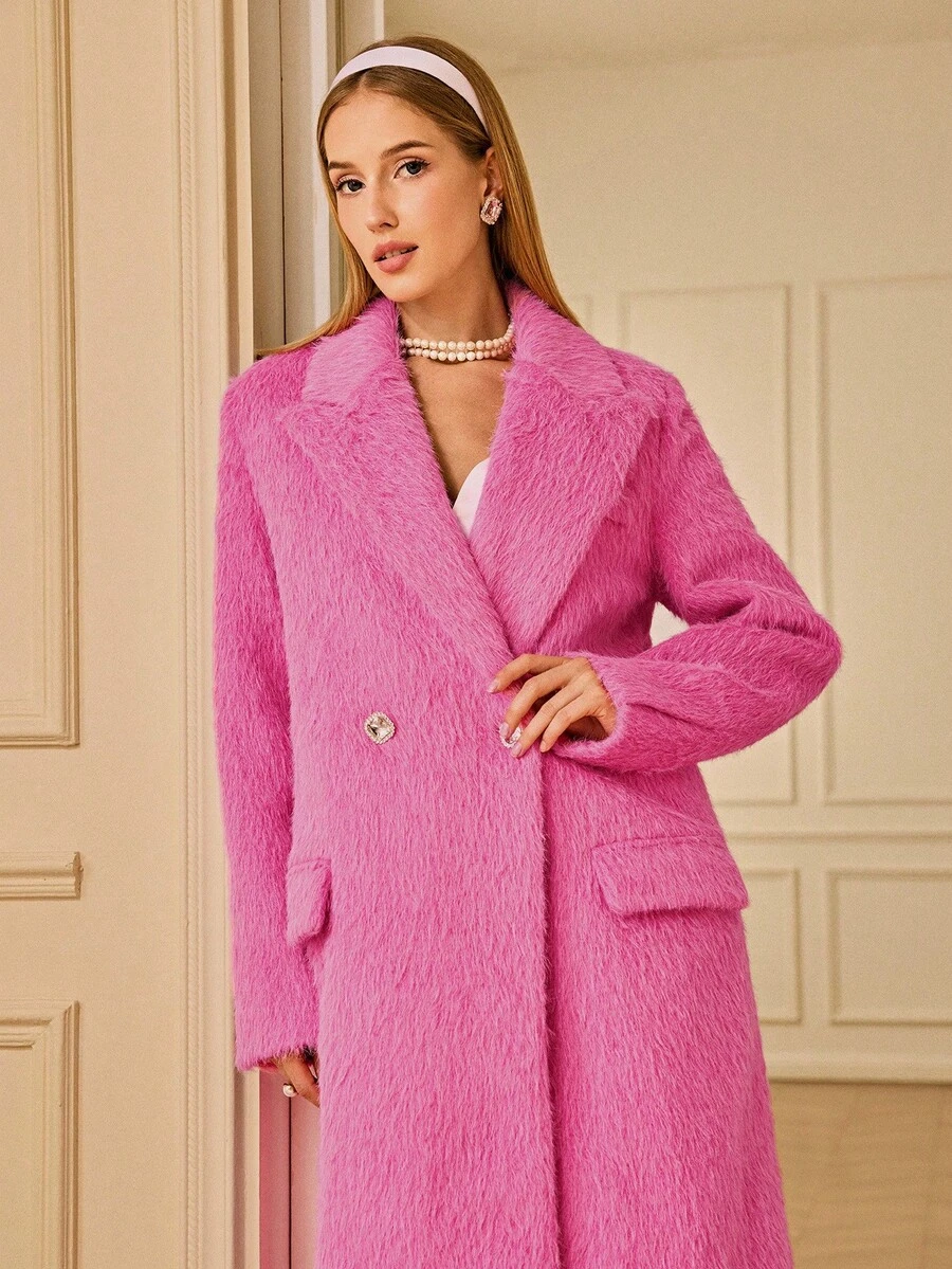 Aveloria Rosie Elegant Lady's Straight Shoulder Square Rhinestone Button Lapel Long Sleeve Long Wool Blend Coat - Pink - View 1
