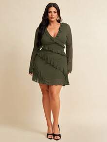 SHEIN BAE Plus Size Long Sleeve Dress, Romantic Sweet Ruffle Autumn Dress For Dating, Travel, Autumn Inner Wear, Bow, Summer Dresses For Ladies, Holiday Party Outfit For Women, Elegant, Birthday Outfits, Mesh, Sexy Dresses, Birthday Dress ,Back To School Girls Clothes,Girls Summer Outfits,Fall Clothes,School Clothes,Halloween,Winter,Y2k Clothes ,Vintage,Vacation Outfits Woman,Plus Size Women Clothes,Summer Dresses For Women,4th Of July Women - Army Green - View 1