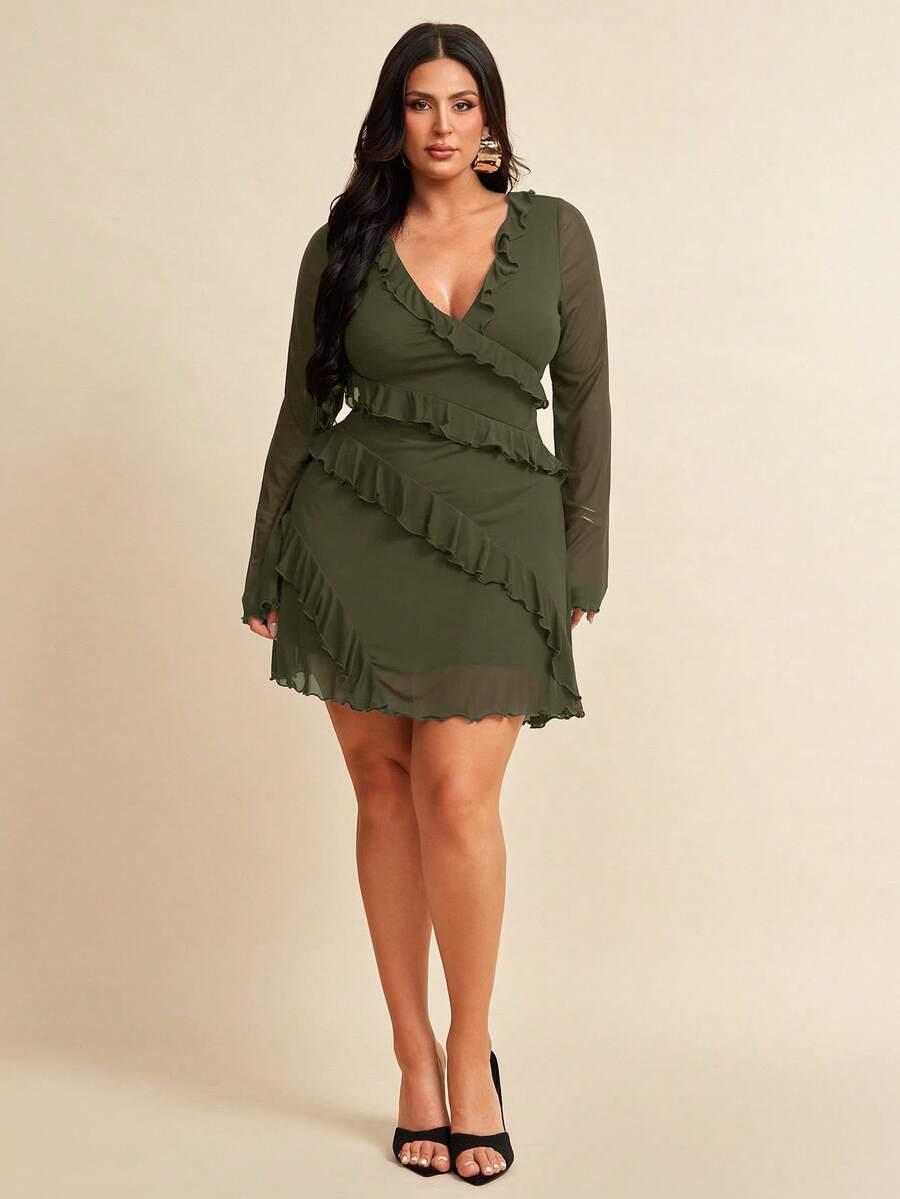 SHEIN BAE Plus Size Long Sleeve Dress, Romantic Sweet Ruffle Autumn Dress For Dating, Travel, Autumn Inner Wear, Bow, Summer Dresses For Ladies, Holiday Party Outfit For Women, Elegant, Birthday Outfits, Mesh, Sexy Dresses, Birthday Dress ,Back To School Girls Clothes,Girls Summer Outfits,Fall Clothes,School Clothes,Halloween,Winter,Y2k Clothes ,Vintage,Vacation Outfits Woman,Plus Size Women Clothes,Summer Dresses For Women,4th Of July Women - Army Green - View 1