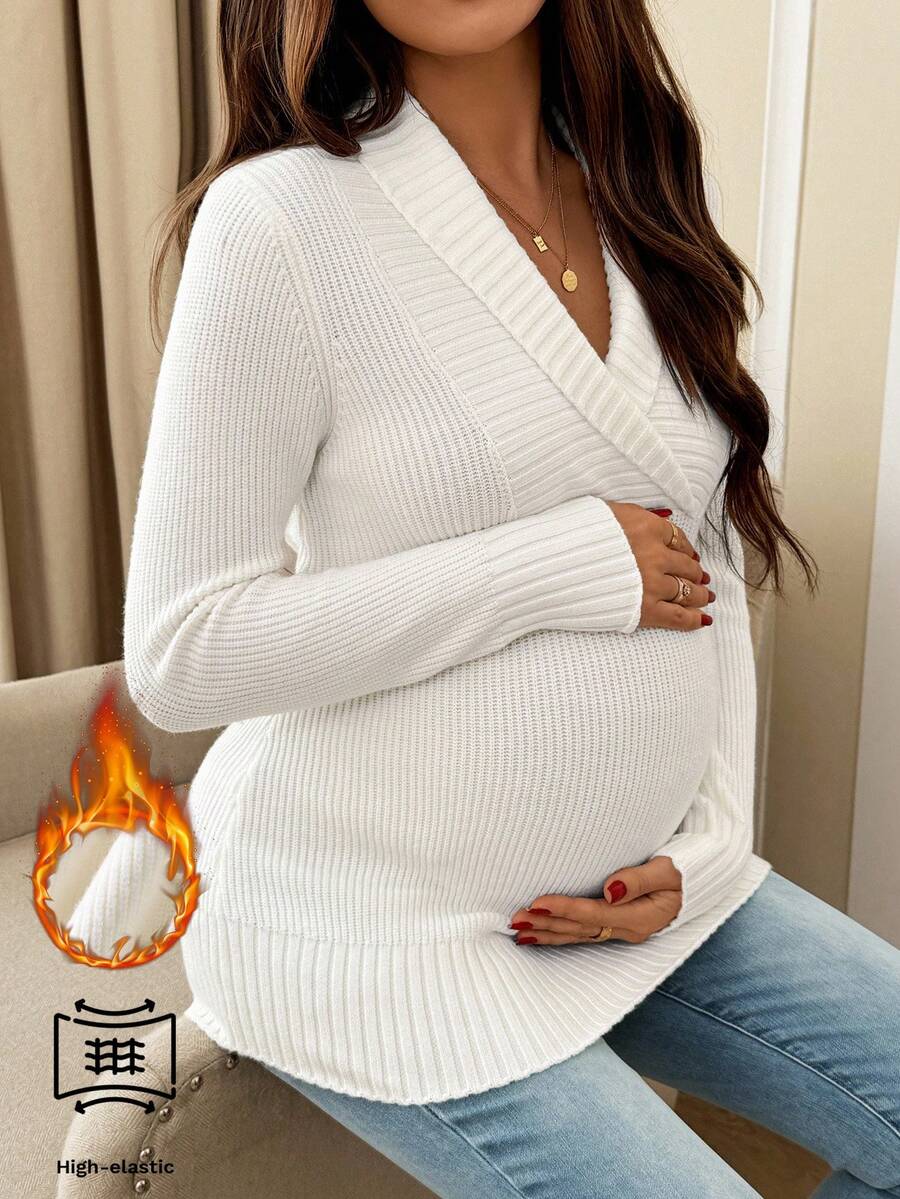 SHEIN 孕妇纯色半襟插肩袖修身罗纹毛衣